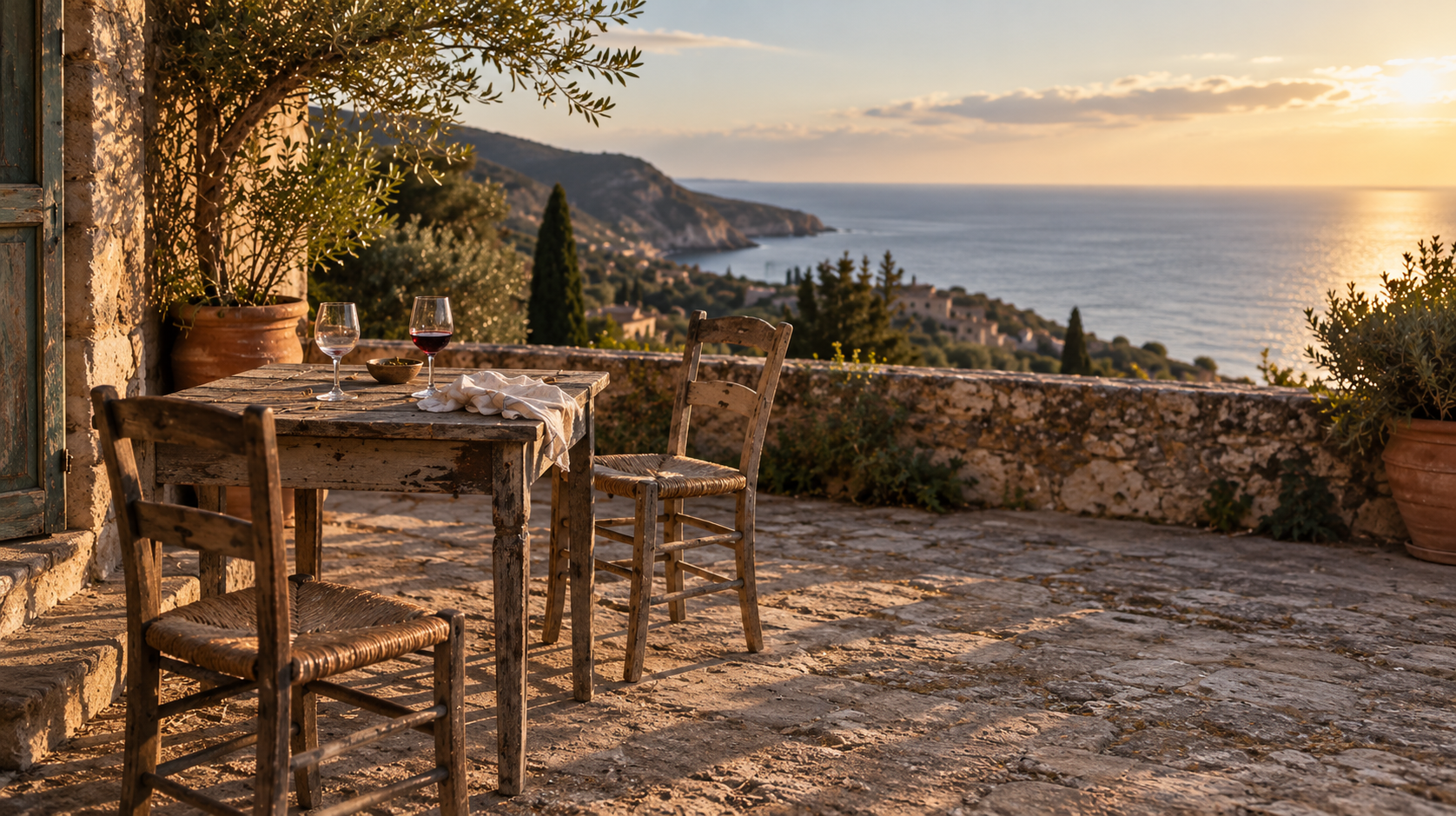 Fotografie von Milo Falk: Terrasse mit Blick aufs Meer